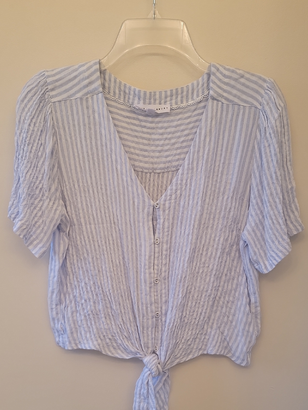 Jane and Delancey Light Blue and White Striped  Button-Front Tie Hem Top, Size M